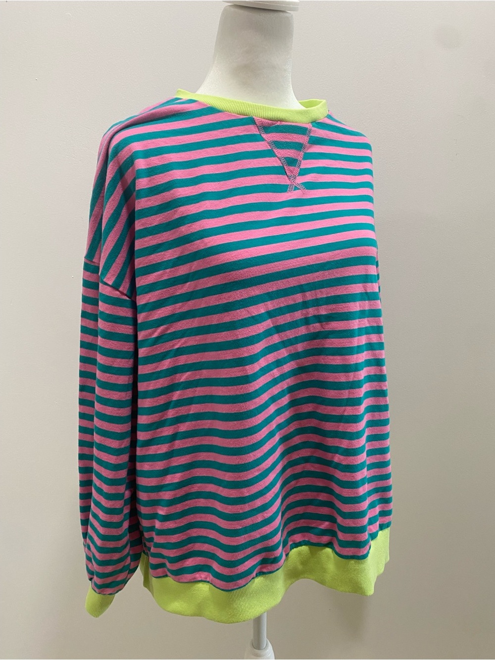 Pink and Teal Striped Pullover Sweatshirt with Neon Trim